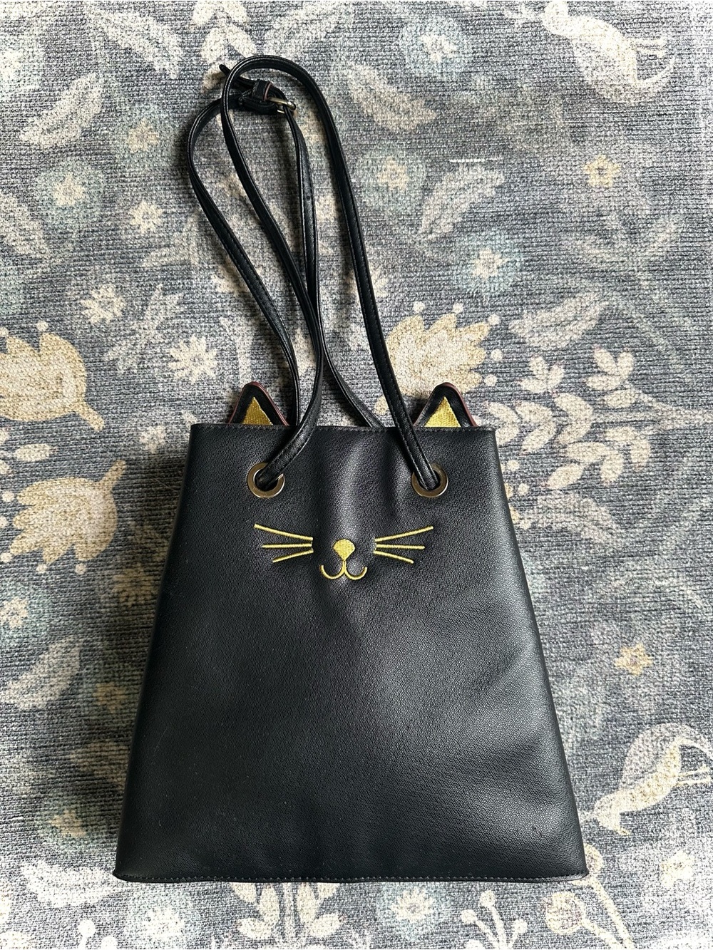 Black Faux Leather Cat Ear Face Bucket Drawstring Bag